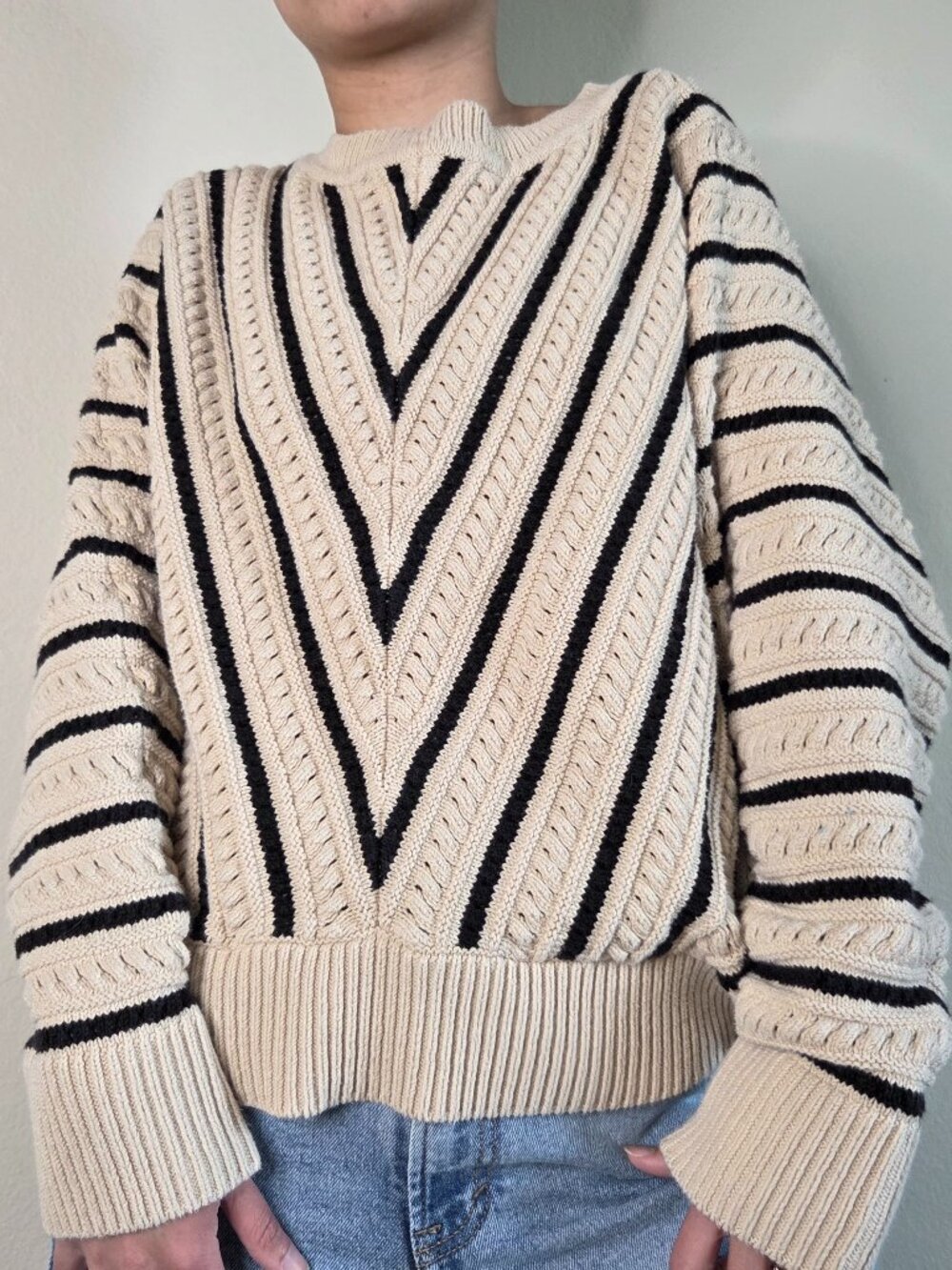 Ann Taylor Factory Cream & Black Striped Chunky Knit Sweater - Small